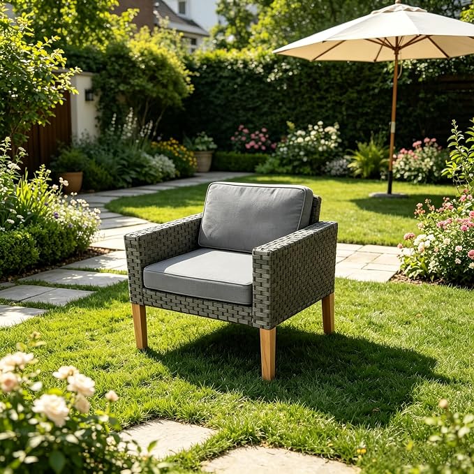 DECMICO 3 Piece Rattan Conversation Bistro Set, Outdoor Wicker Patio Furniture Set, All-Weather PE Rattan Chairs with Cushions for Backyard, Balcony, Garden, Dark Gray