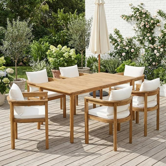 Merax 7 Piece Outdoor Patio Dining Set, Acacia Wood Patio Table and Chairs Set, 6 Outside Armchair with Beige Cushion and 1 Rectangle Table, Patio Dining Furniture for Backyard Poolside Porch, Teak
