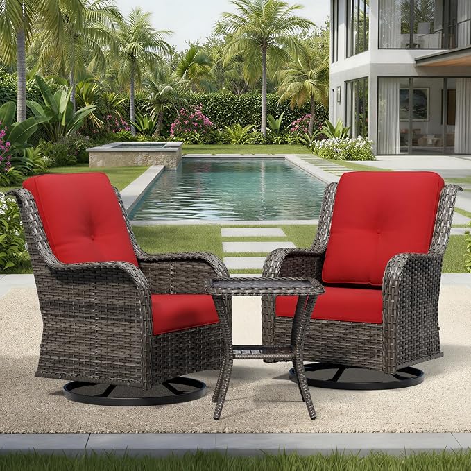 Joyside 3 Piece Wicker Patio Furniture Set, Outdoor Swivel Rocker Patio Chairs with High Back, Deep Seating, Wide Armrest, Thickened Cushions, Outdoor Furniture for Deck, Porch Use