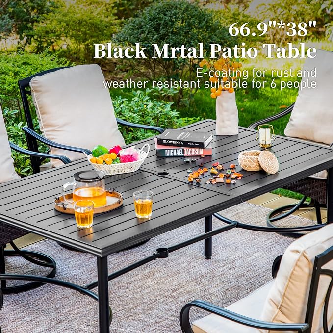 SUNSHINE VALLEY 7 Piece Patio Dining Set for 6, Outdoor Table and Chairs with Cushioned Wicker Swivel & Leg Patio Chairs & Black Dining Table (1.57-1.9”Umbrella Hole), Outdoor Dining Sets for Backyard