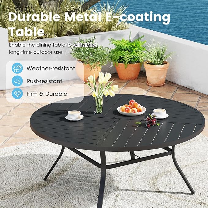 9 Pieces Patio Furniture Dining Set, 8 Textilene Swivel Dining Chairs, 60" Outdoor Round Metal Table with 1.57" Umbrella Hole, Outdoor Dining Set for Porch, Lawn, Garden, Black/Brown