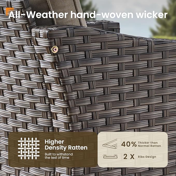 CAODOC Patio Furniture Set, 7 Pieces Outdoor Wicker Rattan Sofa Couch with 4 Chairs, Ottomans and Comfy Cushions, All Weather High Back Conversation Set Garden Backyard, Brown Rattan Beige Cushions