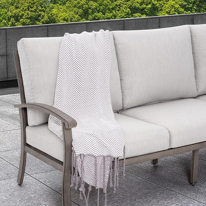 HAPPATIO 7 Piece Aluminum Patio Furniture Set, 3-Seat Outdoor Ottoman and Swivel Armchair, Outdoor Sectional Sofa with Side Table and Coffee Table, Garden Conversation Set for Lawn(Gray)