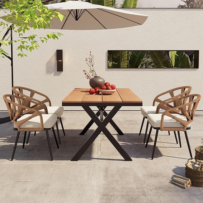 Contemporary Outdoor Set with PE Rattan Chairs and Plastic Wood Dining Table,Suitable for Gardens and Lawns (Dark Yellow@38)
