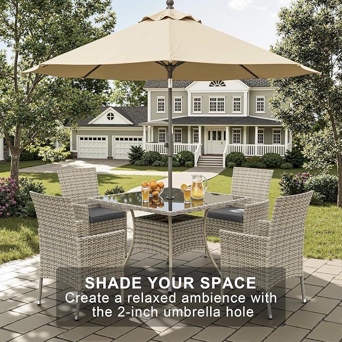 10-Piece Patio Dining Set, Patio Furniture Set with Square Tempered Glass Table & 8 Wicker Chairs, Expandable Design for Larger Groups, Outdoor Furniture for Backyard, Deck, Garden, Grey