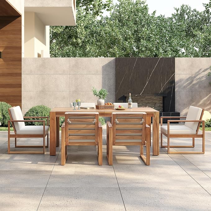 Patio Table and Chairs Set,Outdoor Dining Set for 6 with Umbrella Hole,7 Piece Outdoor Patio Furniture Set Wood Frame with Removable Cushion for Garden,Backyard,Lawn,Poolside (Beige+Light Teak#019)