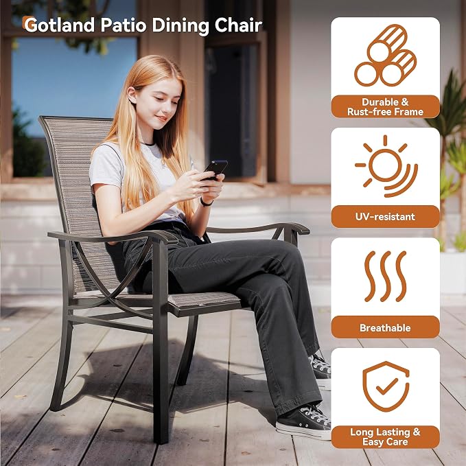 Gotland 9 Piece Outdoor Dining Set, Metal Outdoor Table and Chairs with X-Shaped Legs 1.5" Umbrella Hole, Patio Furniture Set with Breathable Seat Backrest, Patio Dining Sets for Backyard Deck Brown