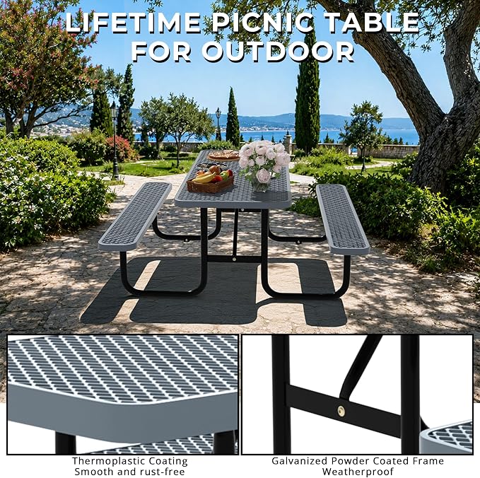 6FT Rectangular Steel Outdoor Picnic Table, Commercial Picnic Table Bench Set with Umbrella Hole, Weather-Resistant Heavy Duty School Dining Table for Stores, Park, Patio, Garden, Backyard, Grey
