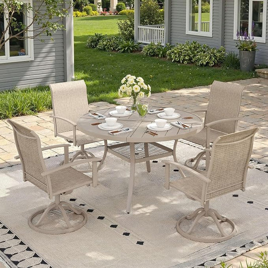 5 Pieces Round Outdoor Table and Chairs Set, Patio Dining Set with 40.6" Round Spliced Outdoor Table and Patio Swivel Chairs for Backyard Lawn Garden, Sandshell Table and Sandshell Chairs