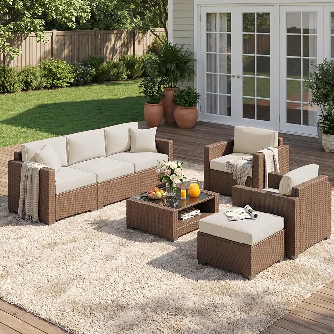 Patio Furniture Set, 7-Piece Outdoor Sectional Couch with Coffee Table & Thick Cushions, Outdoor Wicker Conversation Set for Backyard, Poolside, Garden (Brown-White, 7 Piece-Double)
