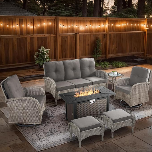 7 Piece Patio Furniture Set with Fire Pit Table - Wicker Patio Conversation Set with Swivel Glider, 3 Seat Sofa, Side Table and 2 Ottomans for Deck Backyard - Grey Wicker Grey Cushion
