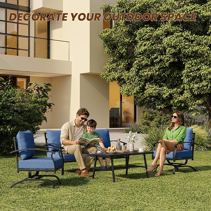 ALAULM 4 Piece Patio Furniture Set,Outdoor Metal Patio Furniture with Coffee Table & Rocking Chairs Conversation Set for Porch,Backyard,Poolside, Garden-DarkBlue