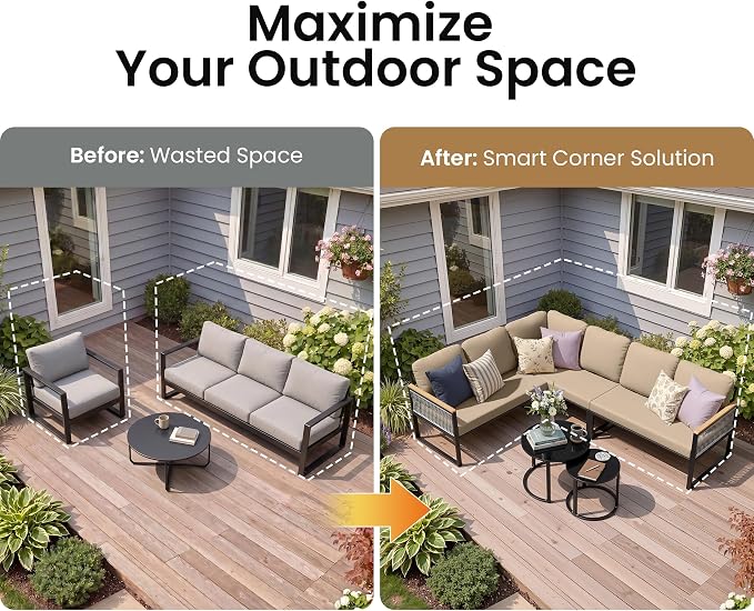 7-Piece L-Shaped Outdoor Sectional Sofa Set with Nesting Table | Hand-Woven PE Wicker, All-Weather Steel Frame, 4.3-Inch Thick Removable Cushions, Glass Coffee Table, Patio Conversation Set