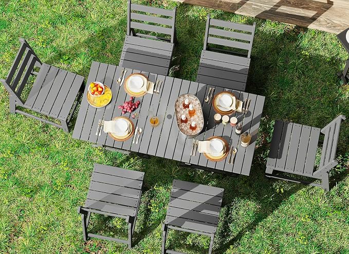 GREENVINES 7-Piece-Outdoor-Table-and-Chairs | HDPE | Patio Furniture | Dining Sets for 6 | Armless Chair | All Weather | Connectable Tables | for Backyard Poolside Garden | Grey