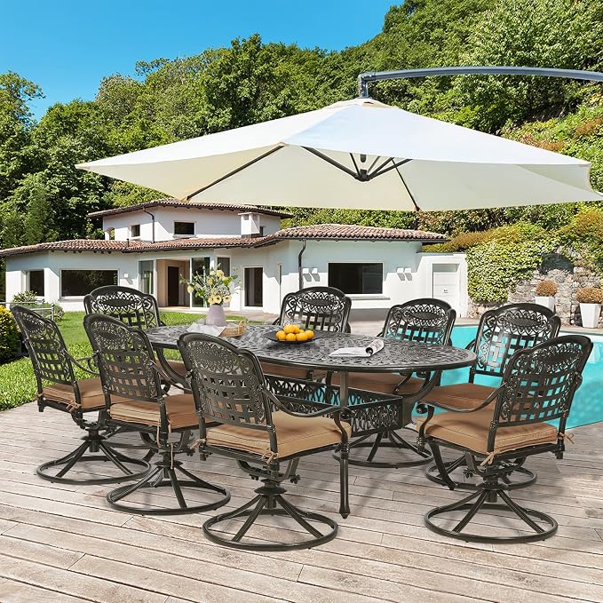 9-Piece Modern Patio Dining Set, Oval Cast Aluminum Dining Table with Umbrella Hole, 8 Swivel Rocker Chairs, Patio Funiture Set for Lawn Garden
