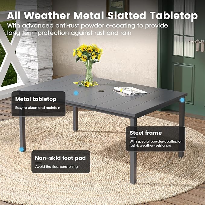 DIFY 7 Pieces Outdoor Patio Dining Set for 6, 63" Grey Rectangle Metal Dining Table and 6 Grey Stackable Sling Dining Chairs, Outdoor Table and Chairs for Lawn Garden Backyard Deck