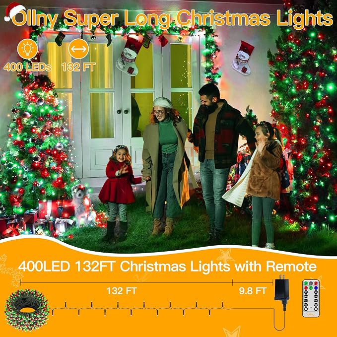 Ollny Christmas Lights 400LED 132FT, Remote Plug-in Red & Green Tree Lights with Timer and 8 Modes, Waterproof for Indoor/Outdoor Xmas Decorations
