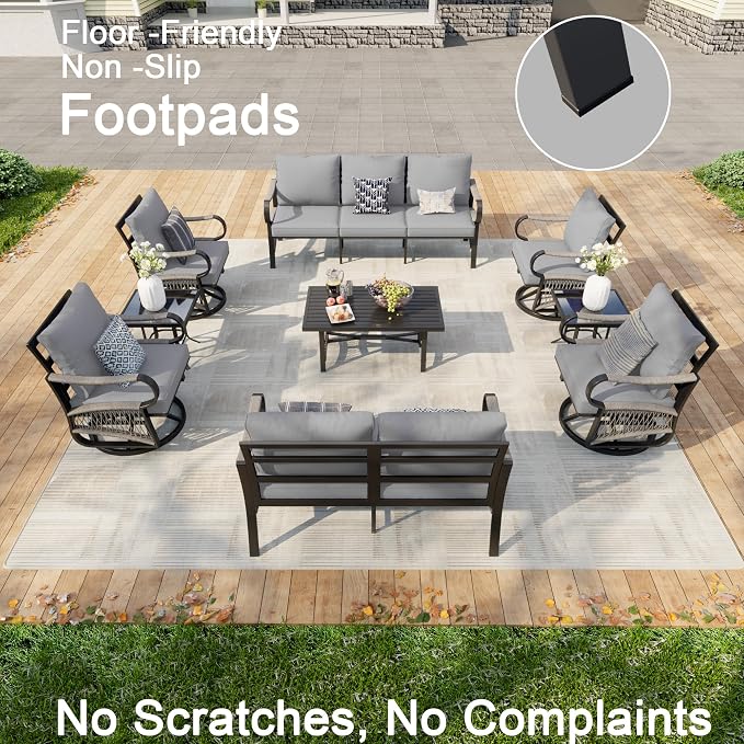 9-Piece Patio Conversation Sets, Metal Outdoor Furniture Set Includes 3-Seater 4 Swivel Rockers with 2 Side Tables 1 Loveseat with Coffee Table for Backyard Garden Deck Porch Poolside, Gray