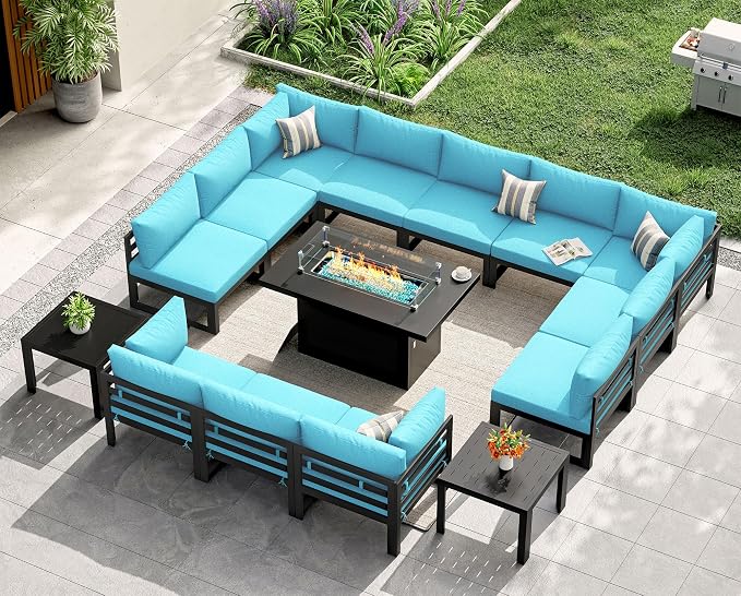 NICESOUL 15 Piece Extra Large Aluminum Patio Furniture Set with Fire Pit Table, Modular Outdoor Conversation Set with Coffee Table, 500 lbs Sturdy Comfy Sectional Sofa for Poolside Exterior, Turquoise