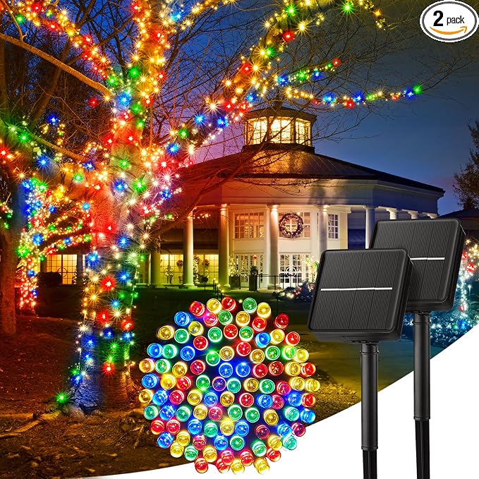 Minetom Solar String Lights Outdoor, 2 Pack Total 80FT 200 LED String Light | Solar Christmas Lights Outdoor with 8 Lighting Modes, Waterproof Color Solar String Lights for Outside Tree Yard, Multicolor