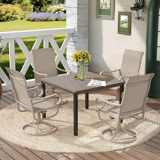 DIFY 5 Pieces Patio Dining Set, 40.2" Grey Wood-Like Square Dining Table with Umbrella Hole and 4 Sandshell Swivel Patio Chairs, All Weather Metal Outdoor Dining Furniture Set for Lawn Garden Balcony