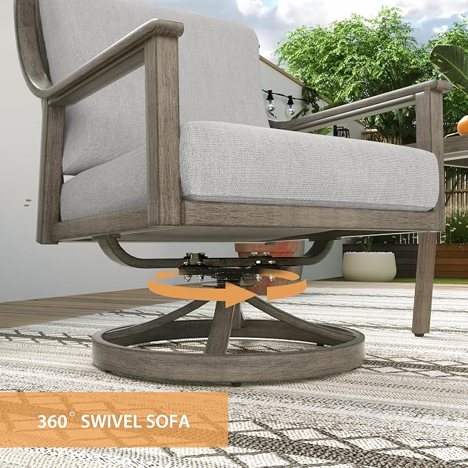 3-Piece Patio Conversation Set Aluminum Swivel for Outdoor Deck,(Grey) | Aluminum Outdoor Conversation Set Includes 1 Side Table and 2 Cushioned Swivel Rocker Chairs