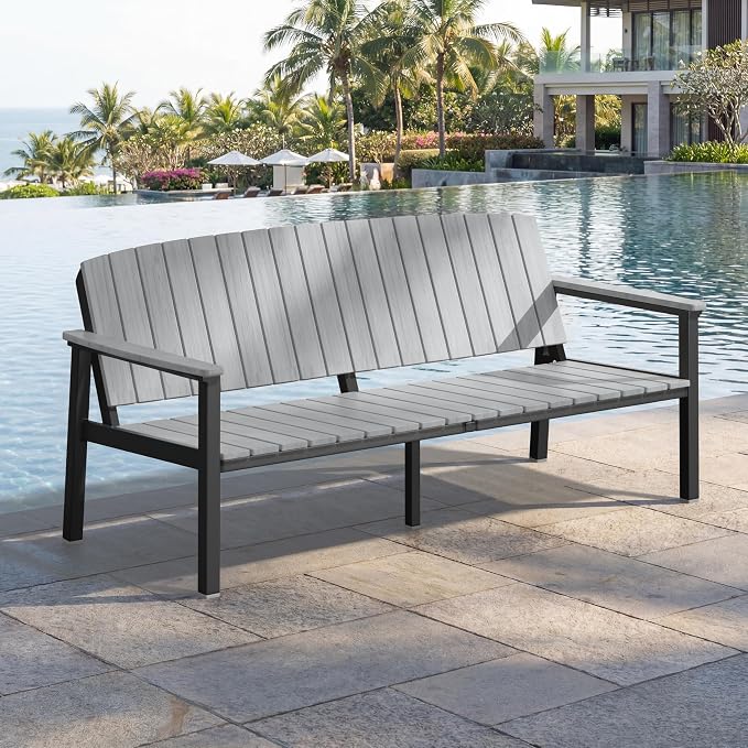 Outdoor Aluminum Sofa, All-Weather Outdoor Seating Sofa Aluminum Frame HDPS Faux Wood, Patio Sofa Couch for Porch, Balcony, Deck, Yard Grey