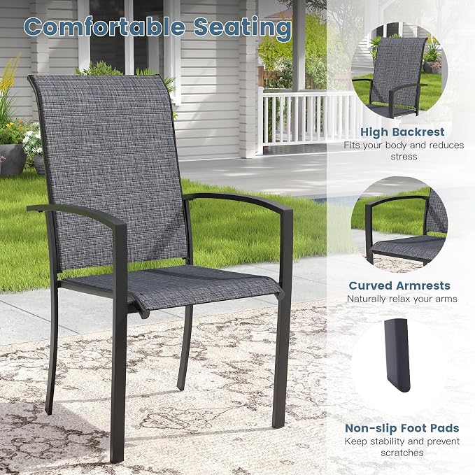 DIFY 11 Pieces Outdoor Dining Set, Metal Patio Table and Chairs Set for 10 with Umbrella Hole, 63" Round Dining Table and Textilene Stackable Patio Chairs for Garden Backyard Poolside, Black