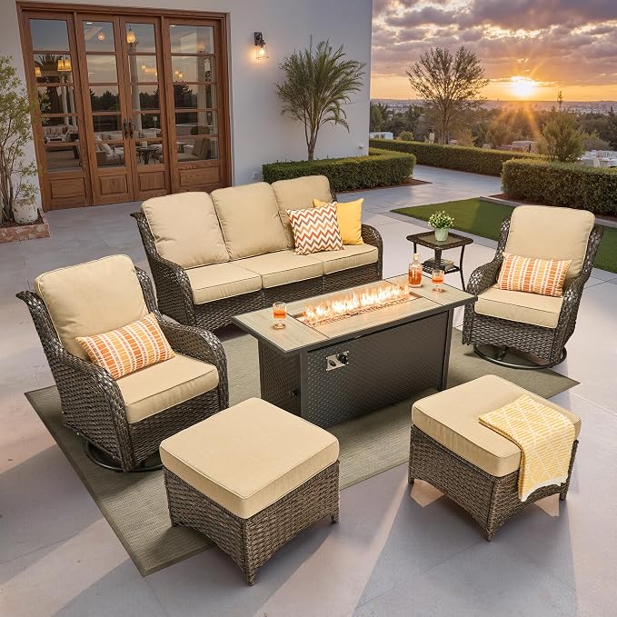ovios 7-Piece Patio Furniture Set with Swivel Chairs Side Table, Outdoor Wicker Sofa with 54" Fire Pit Table, High Back Couch Modern Conversation Sets, Brown/Beige