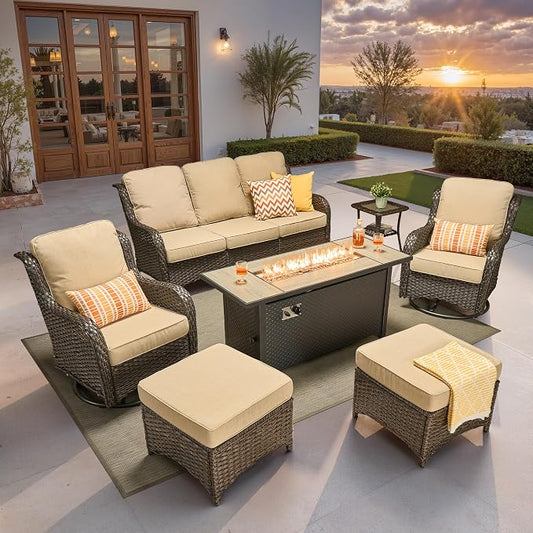 ovios 7-Piece Patio Furniture Set with Swivel Chairs Side Table, Outdoor Wicker Sofa with 54" Fire Pit Table, High Back Couch Modern Conversation Sets, Brown/Beige