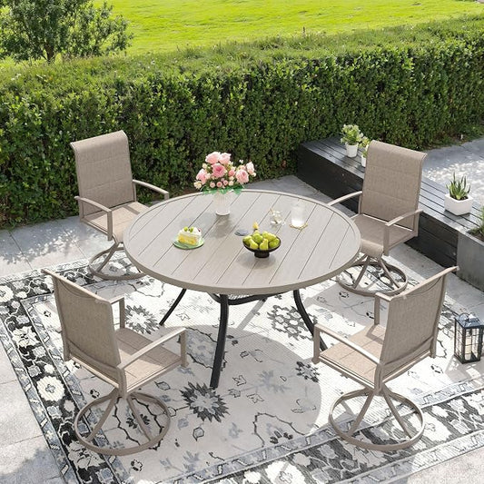 DIFY 5 Piece Outdoor Patio Dining Set for 4, 47.2" Grey Wood-Like Round Metal Dining Table & Swivel Patio Chairs with Sandshell Padded Textilene, All-Weather Outdoor Furniture Set for Garden Backyard