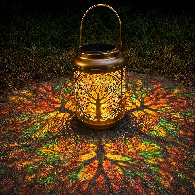 Tree of Life Solar Lantern Outdoor, Decorative Metal Solar Hanging Light with Colorful Light Pattern, Waterproof Garden Lantern for Patio, Yard, Porch, Balcony, Gifts for Women Mom Grandma