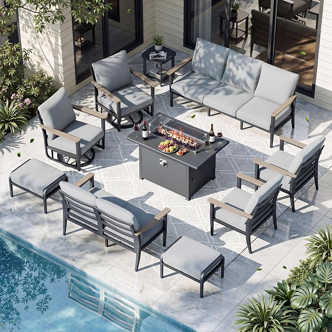 Aluminum Outdoor Patio Furniture Set with Swivel Rocking Chairs 11-Seat, Patio Sectional Sofa with Ottomans Patio Conversation Set with 55,000 BTU Fire Pit Table & High Backrest, Grey