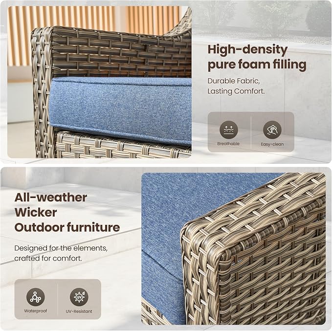 5 PCS Patio Conversation Set, All-Weather Rattan Wicker Outdoor Patio Furniture Sets with High Back Swivel Rocker Chair, Solar Light Coffee Table for Porch,Backyard,Balcony,Denim Blue