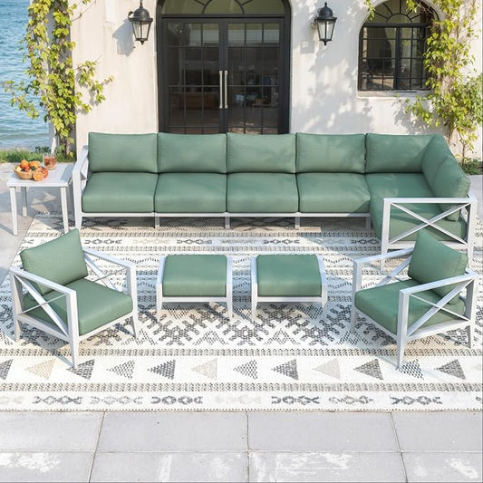Aluminum Outdoor Patio Furniture Set with 5.2" Thick Cushions, 11-Piece Outdoor Sectional with Ottomans, Patio Conversation Sets for Backyard,(White,5 Seats)
