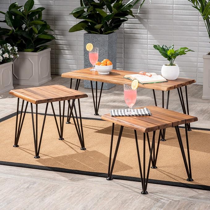 Christopher Knight Home Zion Outdoor Industrial Rustic Iron and Acacia Wood Coffee Table with 2 Matching Accent Tables, Teak Finish With Rustic Metal