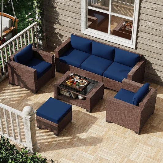 KIGOTY Patio Furniture Set 7 PCS Patio Conversation Sets, All-Weather PE Rattan Outdoor Sectional Sofa with Cushion and 2- Tier Glass Coffee Table（Brown/Dark Blue）