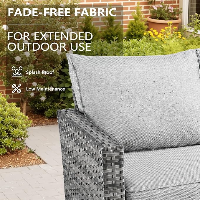 CAODOC 8-Piece Outdoor Wicker Patio Set with 9 Seats, Including 43" Fire Pit - Sectional Sofa and Conversation Set for Backyard or Lawn, Gray Rattan with Waterproof Dark Gray Cushions