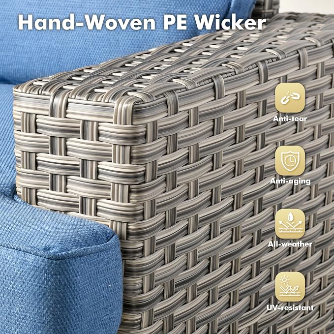 Weaxty 8 Pieces Outdoor Furniture Set, Patio Sectional Sofa Wide Seats Couch Chair with Ottoman Solar Table, Thick Cushion All-Weather Rattan Patio Conversation Sets for Backyard Porch Deck, Blue