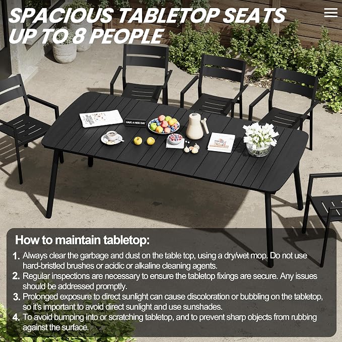 82" Outdoor Dining Table for 8 Aluminum Patio Table | Rectangle Black Table with Umbrella Hole and Wood Grain Tabletop for Lawn Backyard Garden