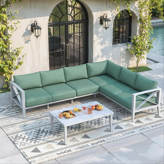 Aluminum Outdoor Patio Furniture Set with 5.2" Thick Cushions, 7-Piece Outdoor Sectional with Coffee Table, Patio Conversation Sets for Backyard,(White,6 Seats)