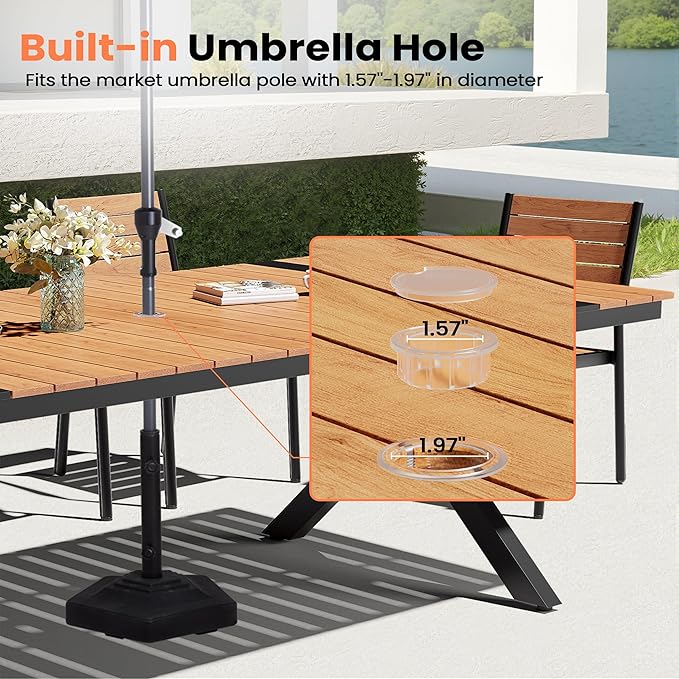 Pellebant 9 Piece Patio Table and Chairs Set, Aluminum Outdoor Dining Set with Umbrella Hole, 94" Dining Table & Stackable Chairs, Weather Resistant Teak Wood Grain Finish for Deck, Porch, Backyard