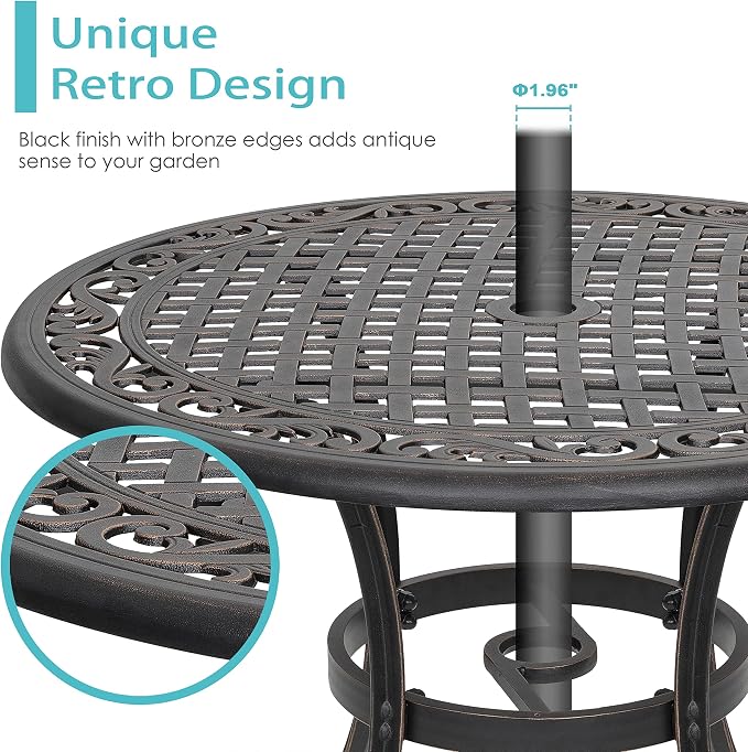 NUU GARDEN 35 Inch Patio Dining Table with Umbrella Hole, Outdoor Cast Aluminum Bistro Table, Black with Antique Bronze at The Edge