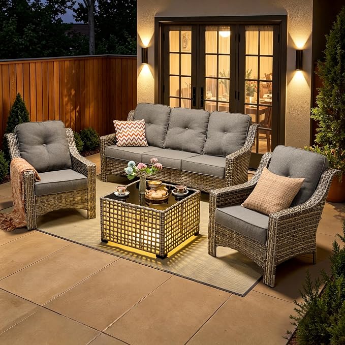 4 Piece Patio Furniture Set with Solar Light Coffee Table, Heavy Duty Wicker High Back Sofa Chairs with Thick Cushion, Small Outdoor Conversation Sets for Backyard Garden Porch, Dark Gray