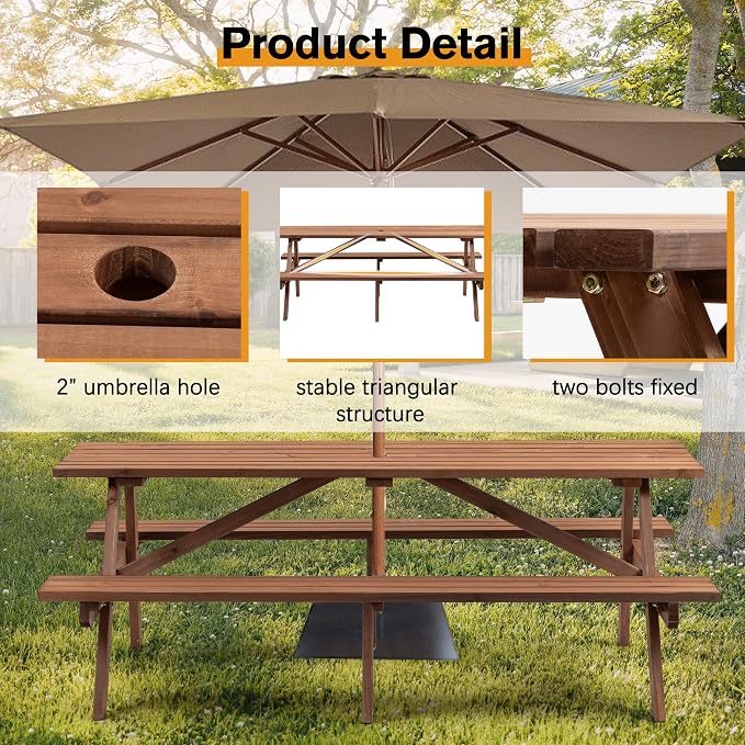 Brown 75" Rectangular Picnic Tables for Outdoors,8 Person Wooden Picnic Tables,Outdoor Camping Dining Tables with 2 Seats DIY with 2 Built-in Benches for Garden Courtyard BBQ