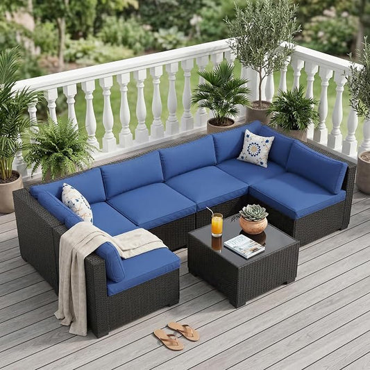 Litake 7 Piece Patio Furniture Sets, Iron Frame with Gradient Wicker, Soft Cushions, Modular Outdoor Conversation Furniture for Garden, Backyard & Patio