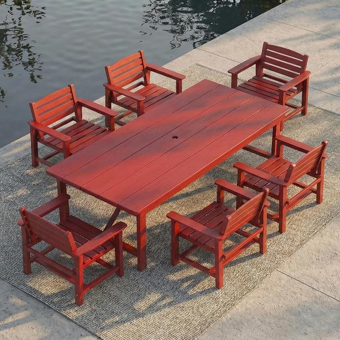 Outdoor HDPE Dining Set 7 Pieces, Patio Table with Umbrella Hole and 6 Chairs, All Weather Patio Furniture for Lawn, Garden, Backyard, Deck, Poolside, Outdoor Dining Table and Chairs, Red