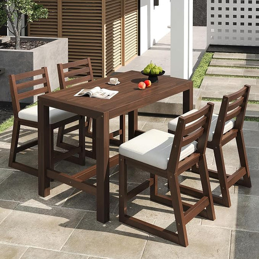 VilroCaz 5-Piece Outdoor Patio Counter Height Dining Set, Acacia Wood Bar Table and Ergonomic Chairs with Removable Cushion, All-Weather Bistro Set Conversation Set with Slatted Tabletop (Mocha-2.10)