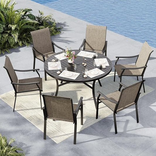 MFSTUDIO 7 Piece Outdoor Dining Set, 54" Round Table & Textilene Chairs | Weather-resistant, 6 person, Breathable & quick-drying Textilene, Metal Frame, Umbrella hole, Outdoor deck backyard
