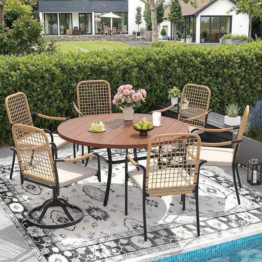 DIFY 7 Pieces Outdoor Dining Set for 6, Patio Furniture Set of 6 Wicker Patio Chairs with Soft Cushions and 53" Walnut Round Metal Table with Umbrella Hole, for Backyard Garden Deck, Wheat Rattan